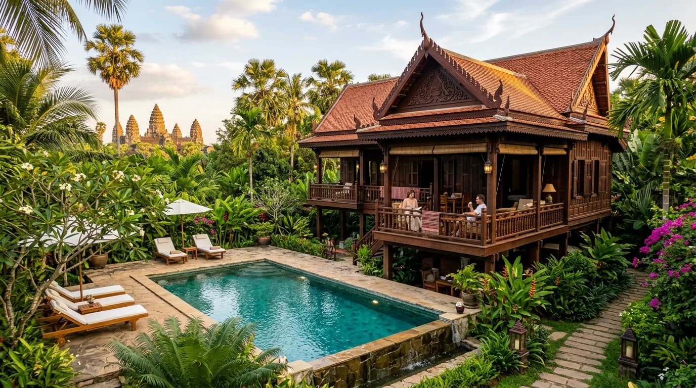 វីឡារីសតផ្ទះឈើខ្មែរបុរាណប្រណិត នៅក្រុងសៀមរាប